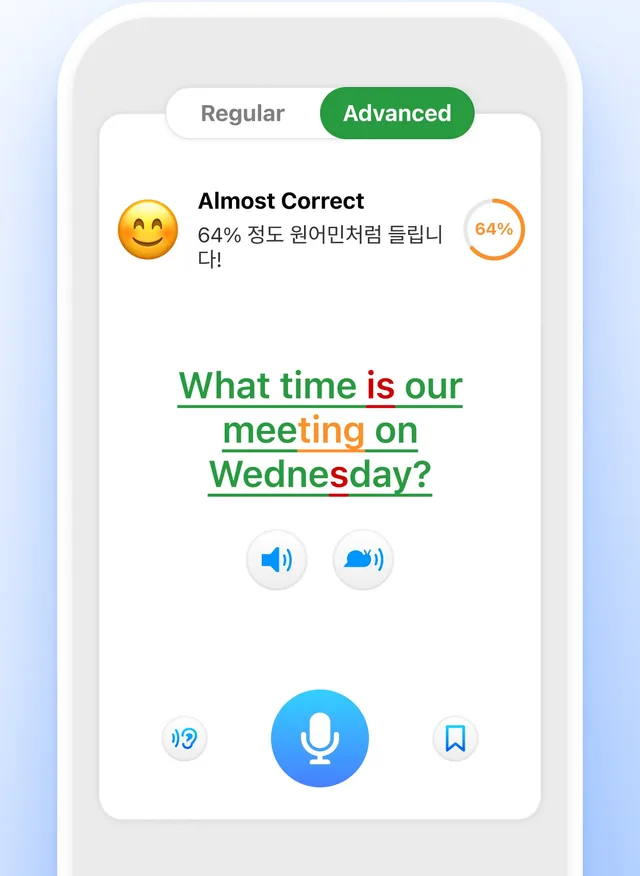 ELSA Speak scoring the sentence What time is our meeting on Wednesday: most words green, a few sounds orange and red, 64 percent overall