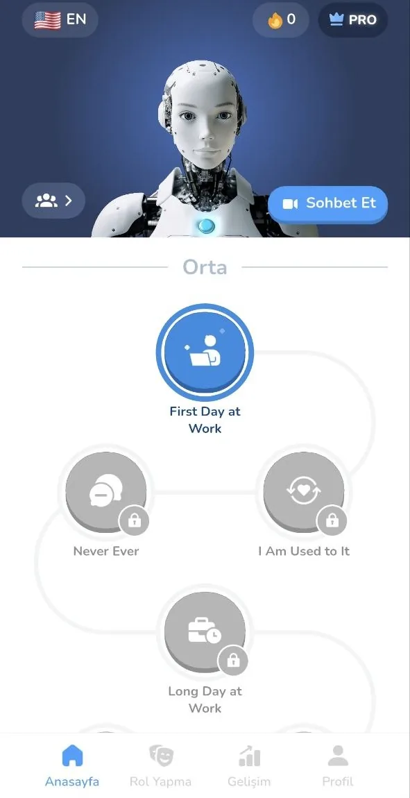 Learna home screen with the AI tutor, a chat button and the intermediate lesson path starting with First Day at Work