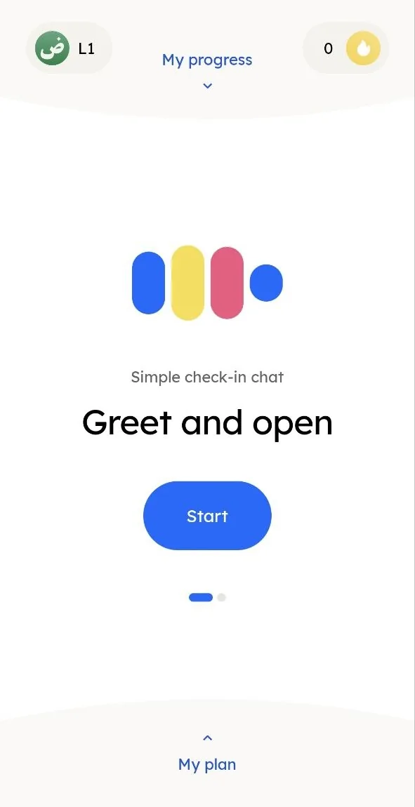 Pingo AI lesson start screen for a simple check-in chat, with the first objective Greet and open