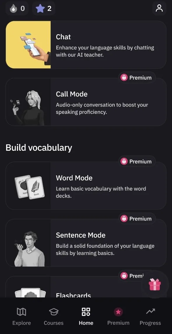 Talkpal home screen listing Chat, Call Mode, Word Mode, Sentence Mode and Flashcards