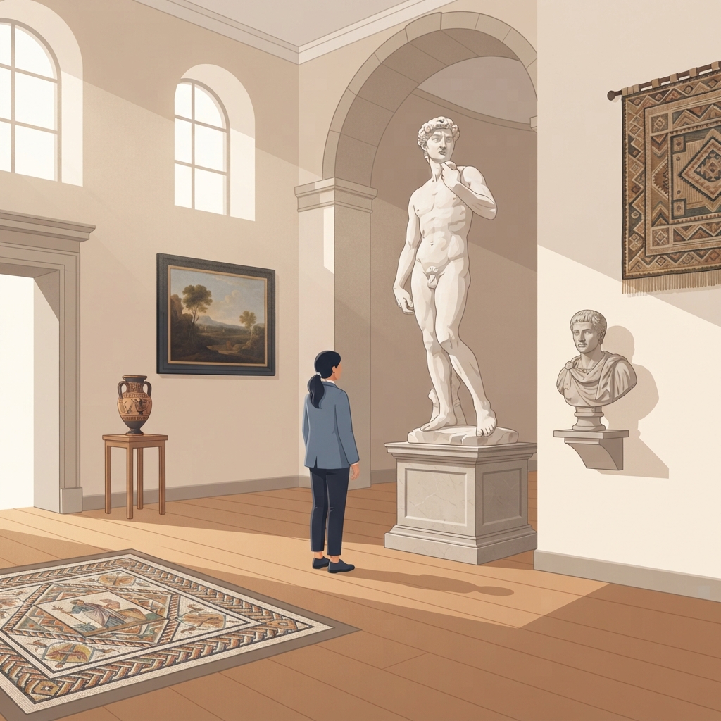 A grand gallery with a statue, each object boxed and labelled in Spanish