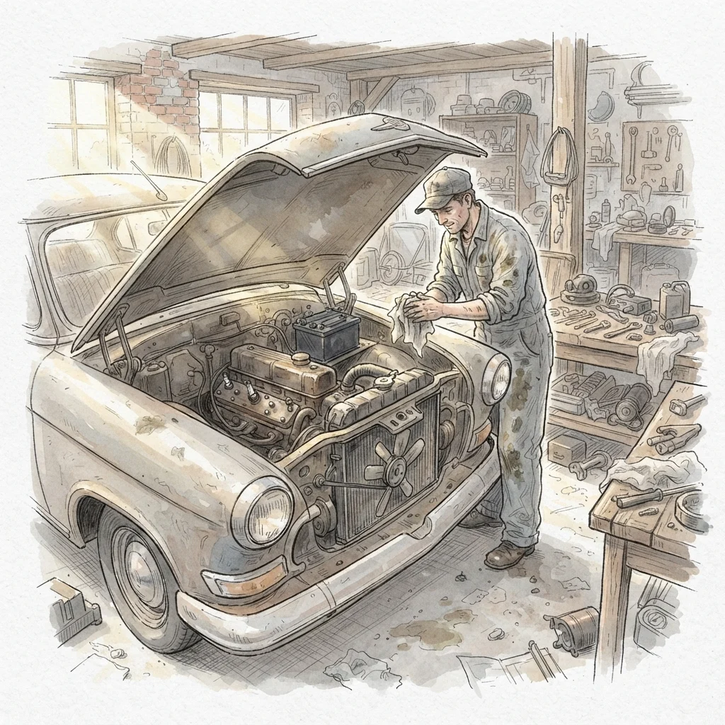 A sketch of a mechanic leaning over an open engine bay, the parts boxed and labelled in German