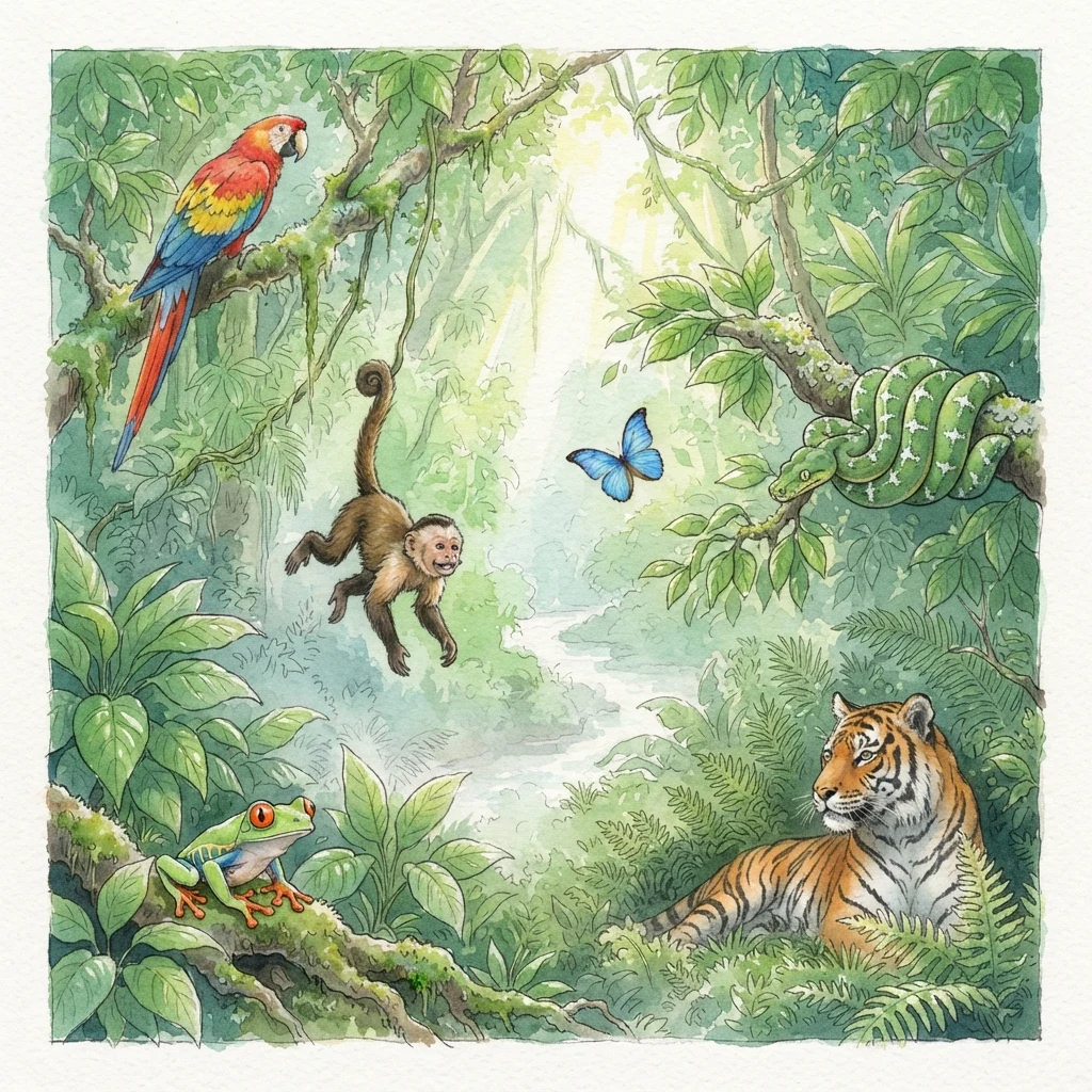 A watercolour jungle with a parrot, a monkey, a butterfly, a snake, a frog and a tiger, each boxed and labelled in Italian